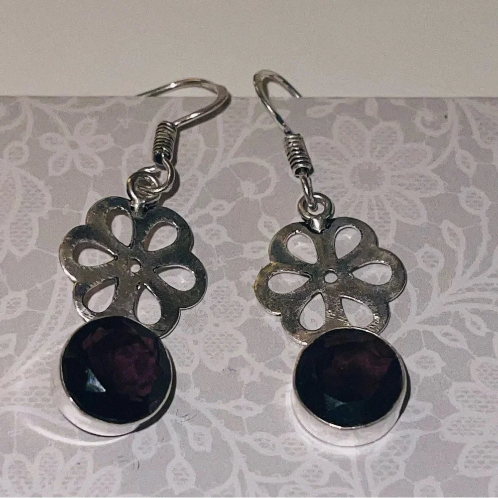 New Artisan 925 Sterling Silver Natural Amethyst Gem Daisy Handmade Earrings
